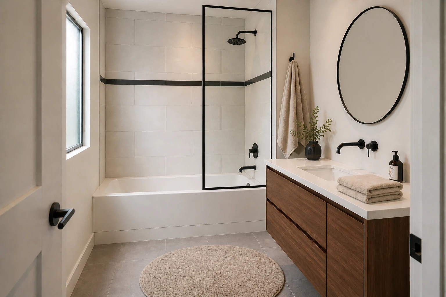 Modern Phoenix-area master bathroom with an alcove tub-and-shower combo, matte-black showerhead and tub spout, walnut floating vanity, and a round mirror
